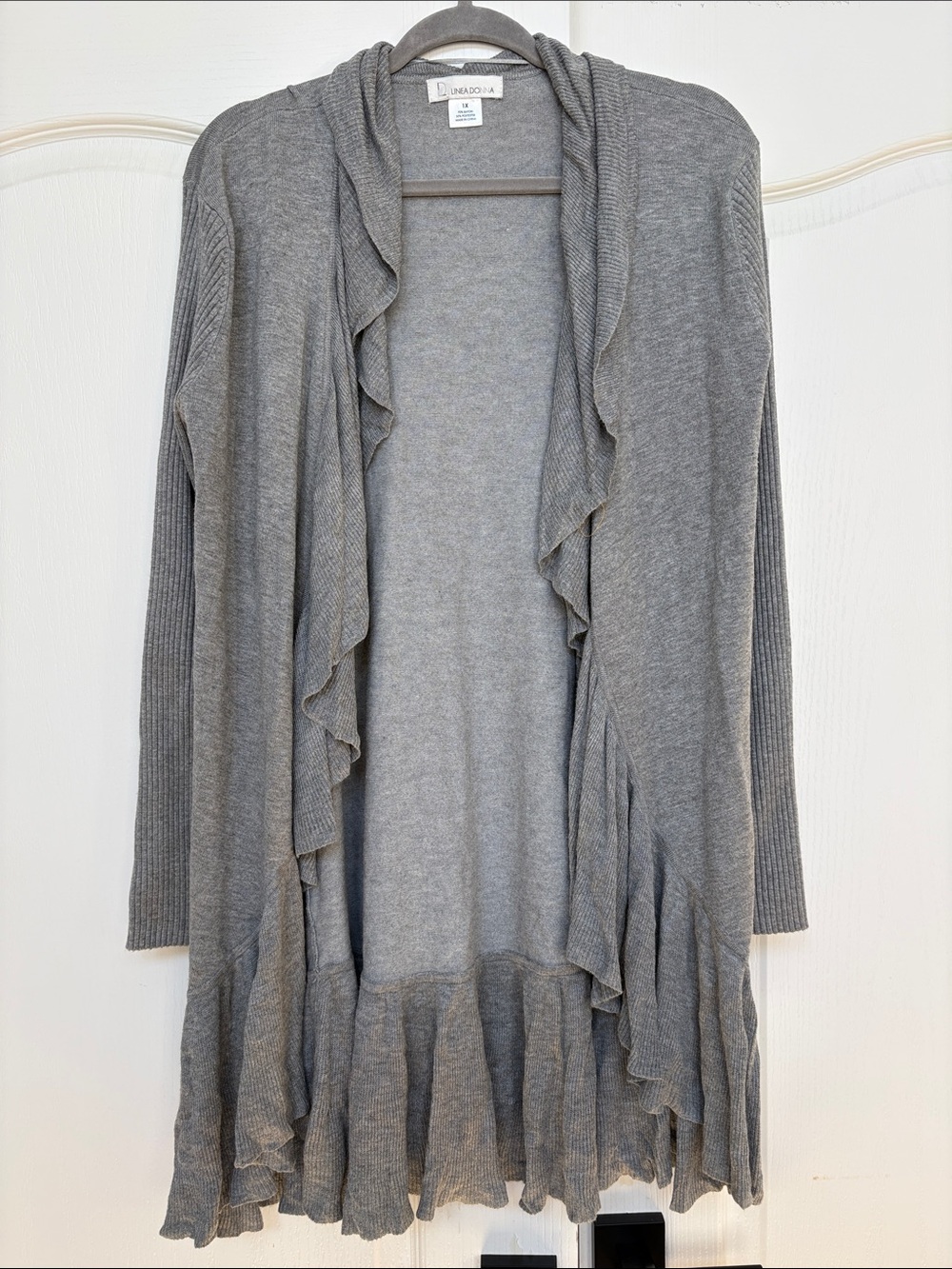 Linea Donatella Gray Ruffle-Trim Open Cardigan